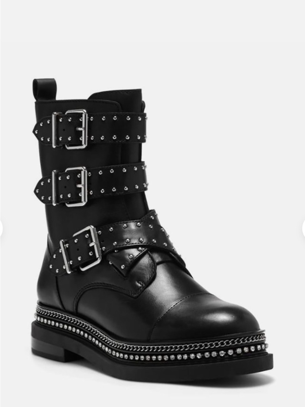 Vince Camuto Black Leather Triple-Buckle Studded Combat Boot